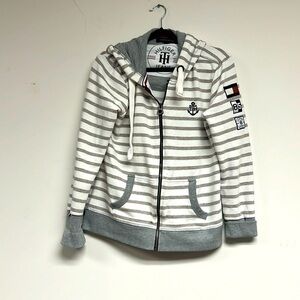 Tommy Hilfiger size medium, gray and white striped zip up hoodie